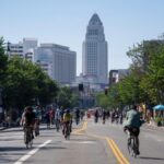 Bicyclists ride on car free street during CicLAvia Los Angeles downtown