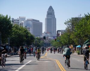 Bicyclists ride on car free street during CicLAvia Los Angeles downtown