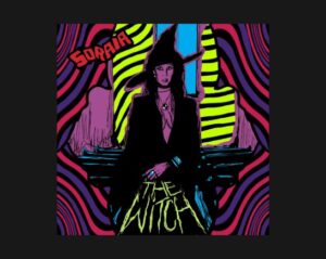 psychedelic image of a woman with dark hair wearing a witches hat