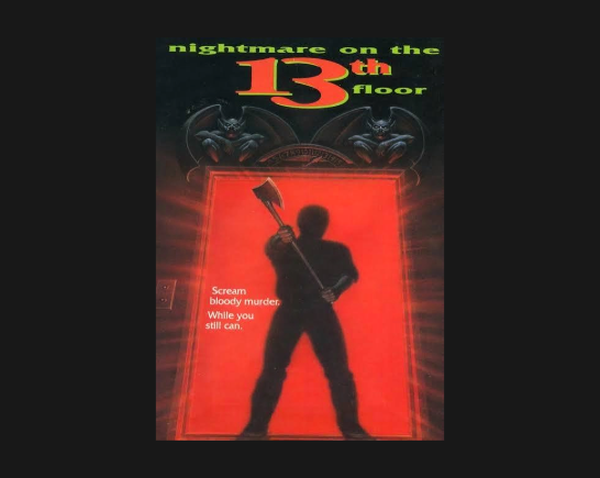 An open doorway with red light streaming out of it. The silhouette of a man hoists an axe over his head