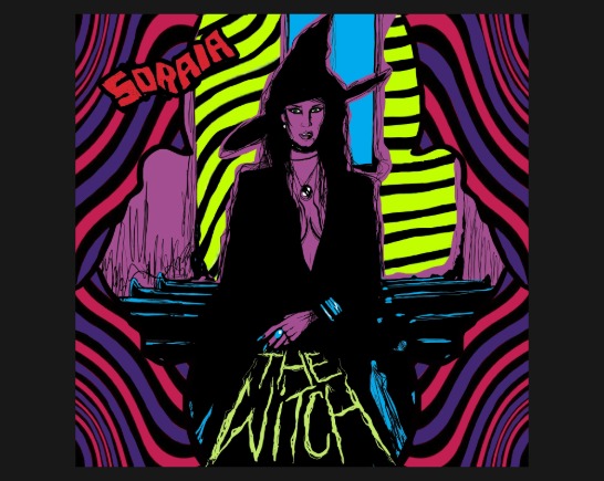 psychedelic image of a woman with dark hair wearing a witches hat